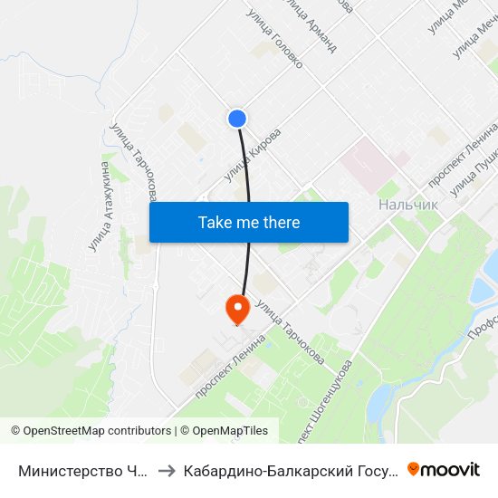 Министерство Чрезвычайных Ситуаций to Кабардино-Балкарский Государственный Аграрный Университет map