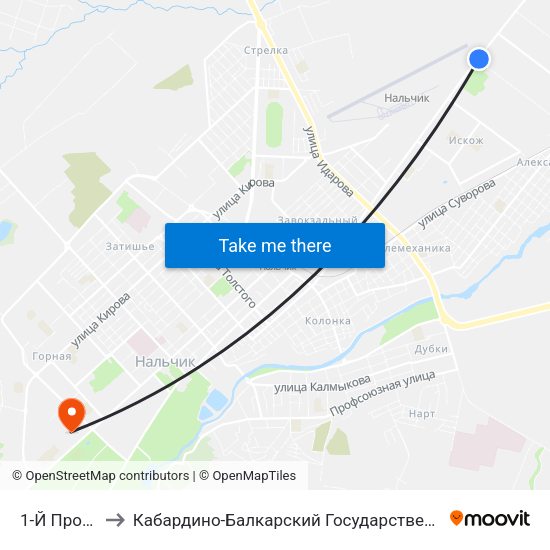 1-Й Промпроезд to Кабардино-Балкарский Государственный Аграрный Университет map