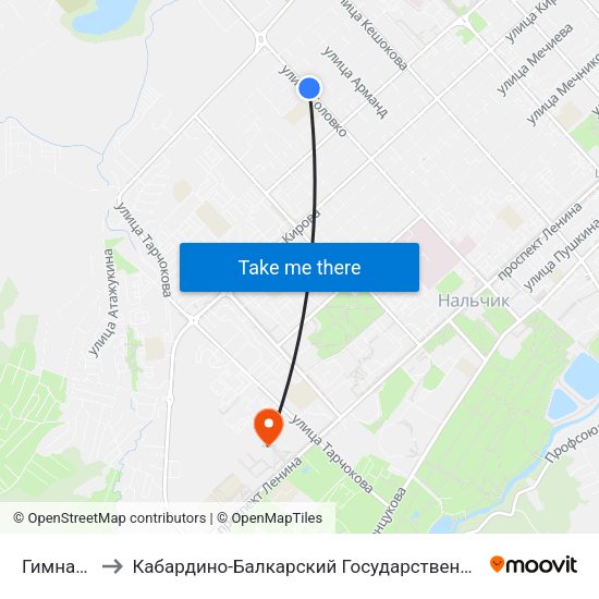 Гимназия №1 to Кабардино-Балкарский Государственный Аграрный Университет map