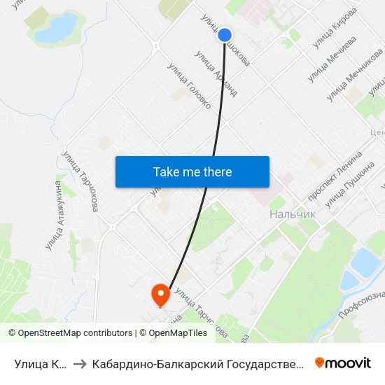 Улица Крупской to Кабардино-Балкарский Государственный Аграрный Университет map
