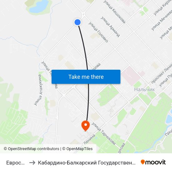Еврострой 07 to Кабардино-Балкарский Государственный Аграрный Университет map