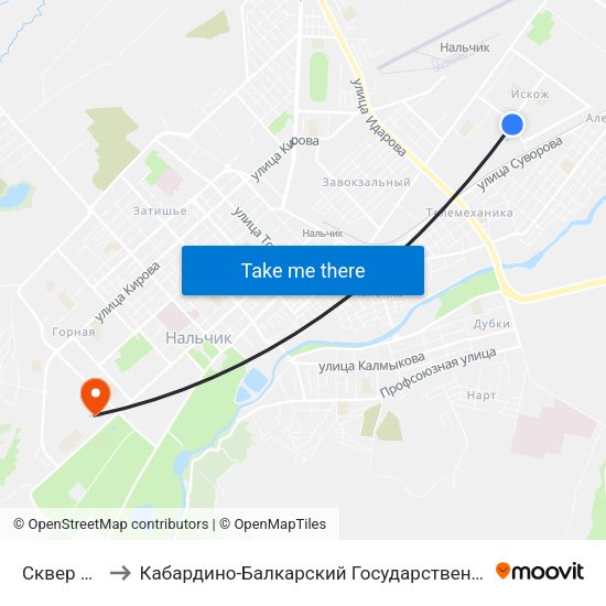 Сквер Дружбы to Кабардино-Балкарский Государственный Аграрный Университет map