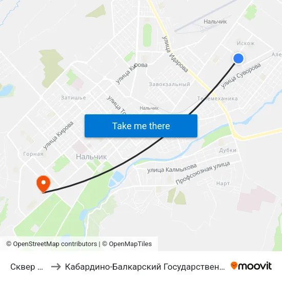 Сквер Дружбы to Кабардино-Балкарский Государственный Аграрный Университет map