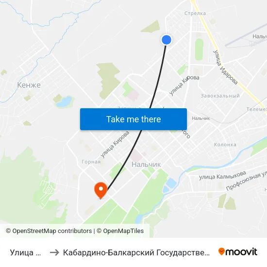 Улица Крылова to Кабардино-Балкарский Государственный Аграрный Университет map