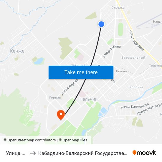 Улица Крылова to Кабардино-Балкарский Государственный Аграрный Университет map