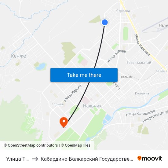 Улица Тельмана to Кабардино-Балкарский Государственный Аграрный Университет map