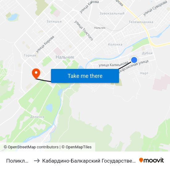Поликлиника №1 to Кабардино-Балкарский Государственный Аграрный Университет map