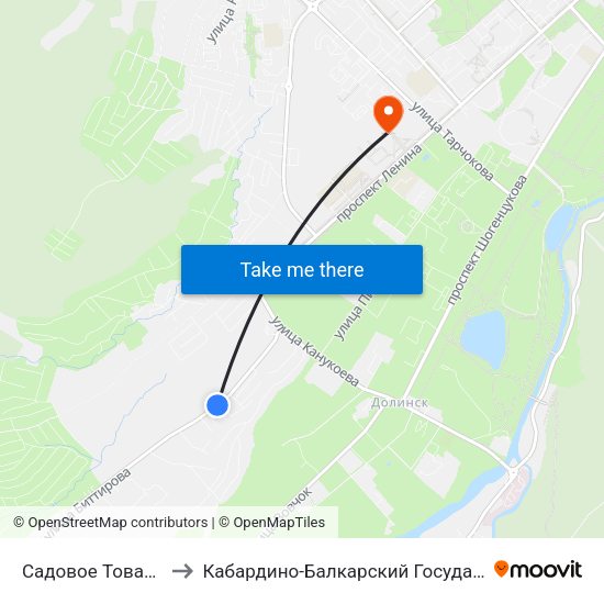 Садовое Товарищество Ландыш to Кабардино-Балкарский Государственный Аграрный Университет map