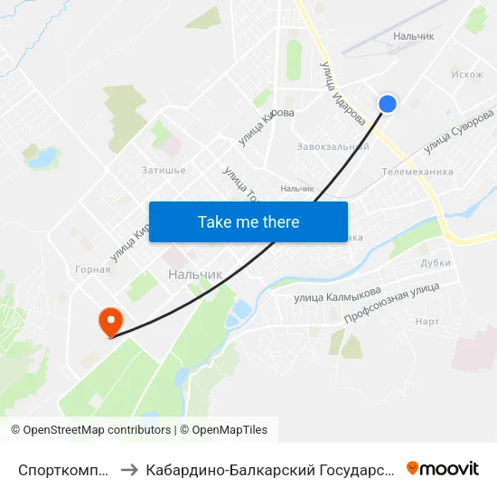 Спорткомплекс Кабарда to Кабардино-Балкарский Государственный Аграрный Университет map