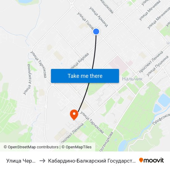 Улица Чернышевского to Кабардино-Балкарский Государственный Аграрный Университет map