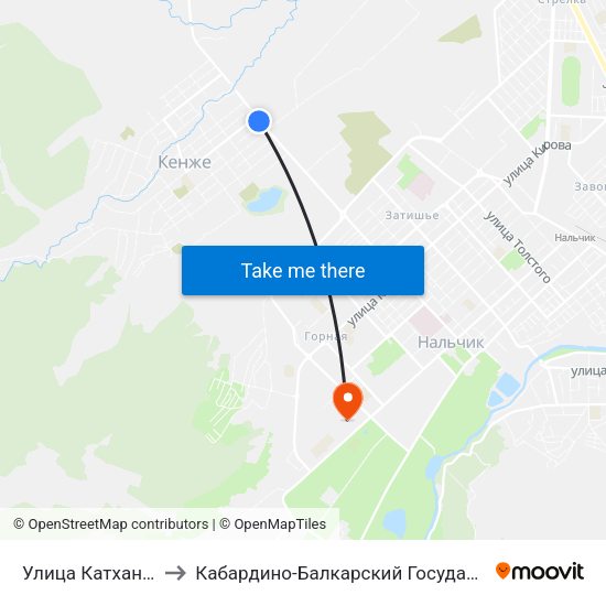 Улица Катханова / Каменская to Кабардино-Балкарский Государственный Аграрный Университет map