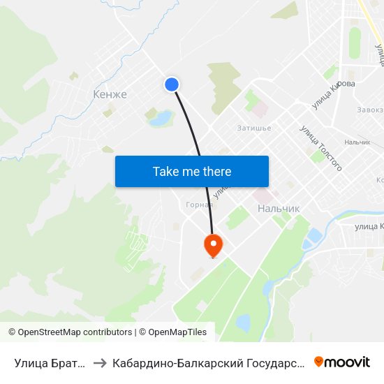 Улица Братьев Кешевых to Кабардино-Балкарский Государственный Аграрный Университет map