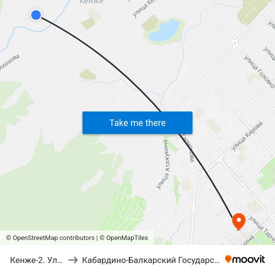 Кенже-2. Улица Ахметова to Кабардино-Балкарский Государственный Аграрный Университет map