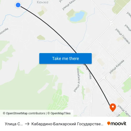 Улица Светлова to Кабардино-Балкарский Государственный Аграрный Университет map