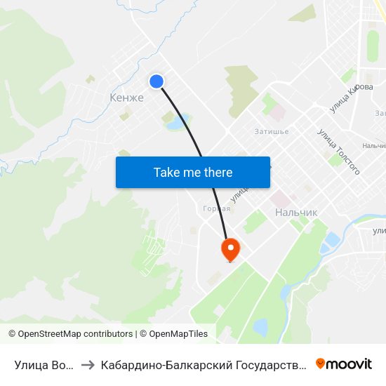 Улица Ворошилова to Кабардино-Балкарский Государственный Аграрный Университет map