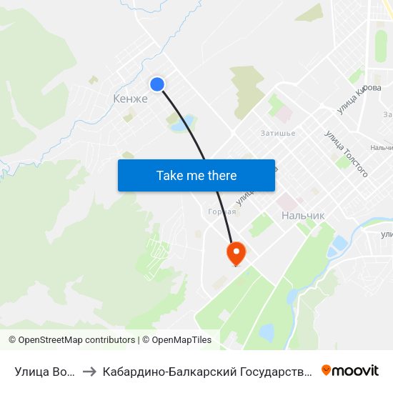 Улица Ворошилова to Кабардино-Балкарский Государственный Аграрный Университет map