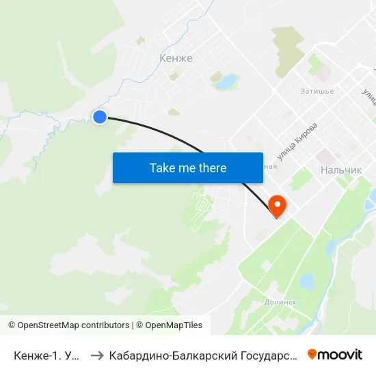 Кенже-1. Улица Ахохова to Кабардино-Балкарский Государственный Аграрный Университет map