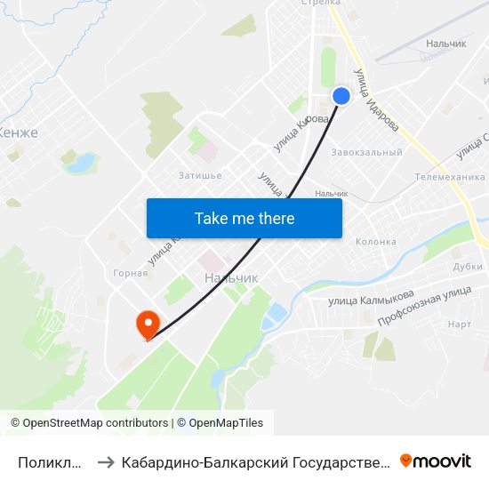 Поликлиника №2 to Кабардино-Балкарский Государственный Аграрный Университет map