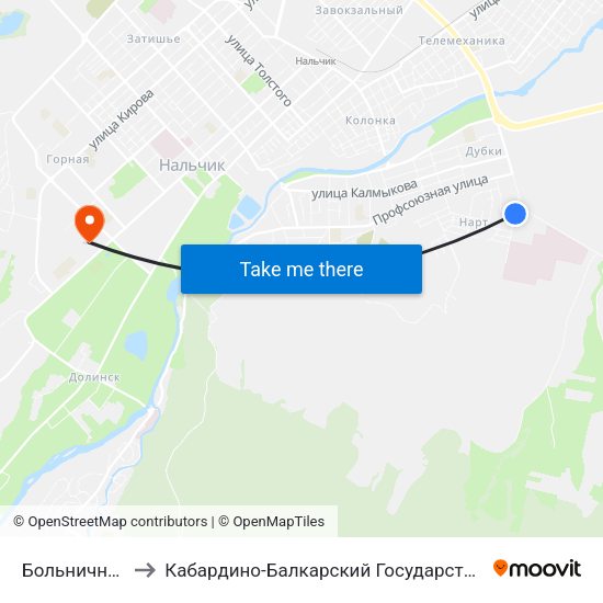 Больничный Городок to Кабардино-Балкарский Государственный Аграрный Университет map