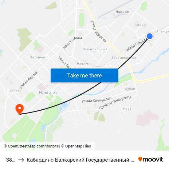 38 Км to Кабардино-Балкарский Государственный Аграрный Университет map