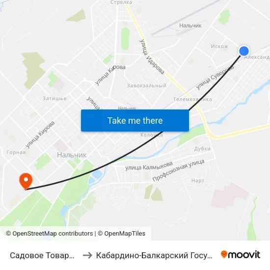 Садовое Товарищество Стройдеталь to Кабардино-Балкарский Государственный Аграрный Университет map