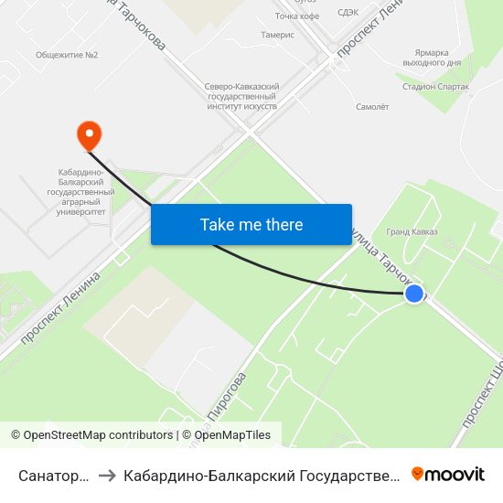 Санаторий Терек to Кабардино-Балкарский Государственный Аграрный Университет map