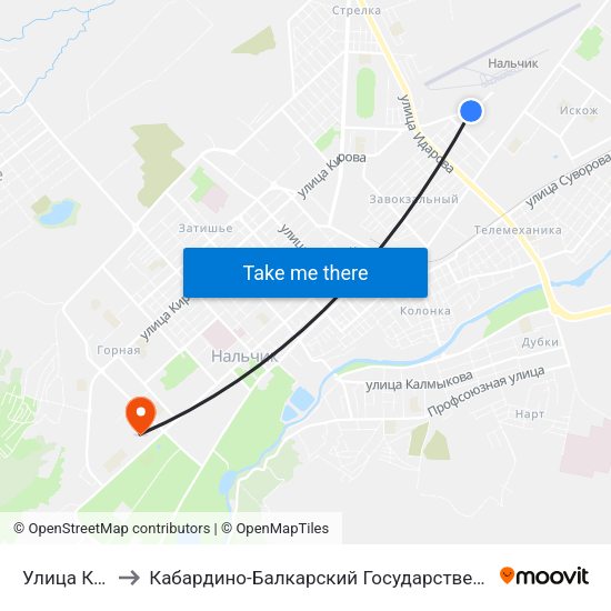 Улица Киримова to Кабардино-Балкарский Государственный Аграрный Университет map