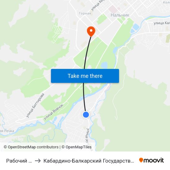 Рабочий Переулок to Кабардино-Балкарский Государственный Аграрный Университет map