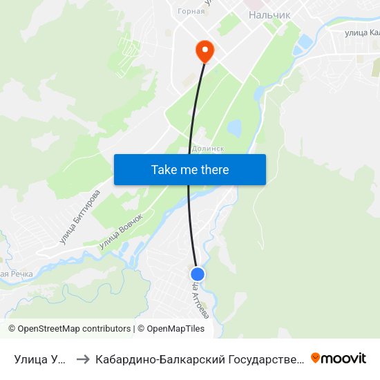 Улица Ульбашева to Кабардино-Балкарский Государственный Аграрный Университет map