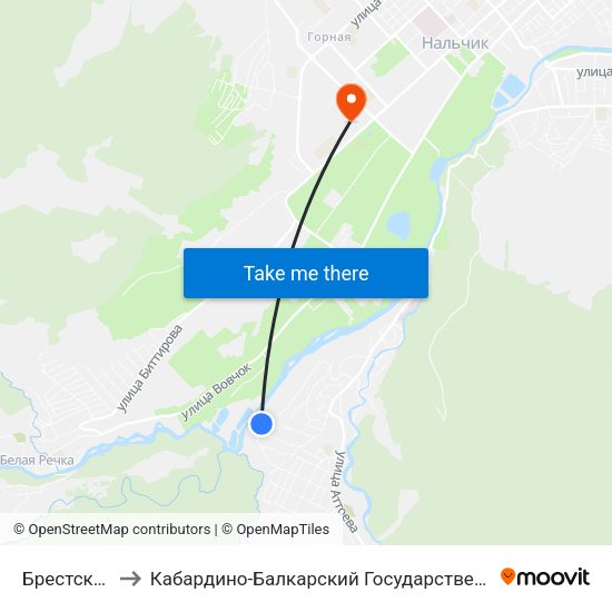 Брестская Улица to Кабардино-Балкарский Государственный Аграрный Университет map