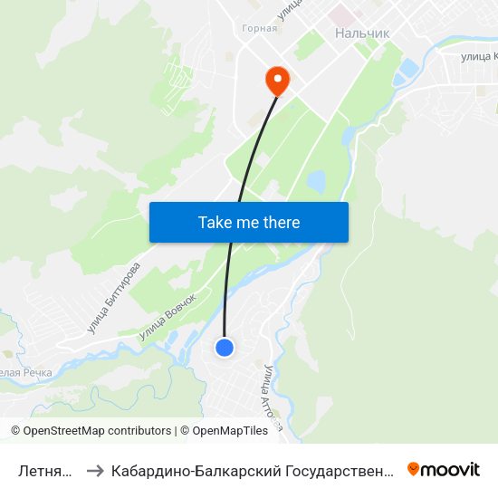Летняя Улица to Кабардино-Балкарский Государственный Аграрный Университет map