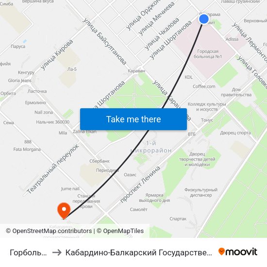 Горбольница №1 to Кабардино-Балкарский Государственный Аграрный Университет map