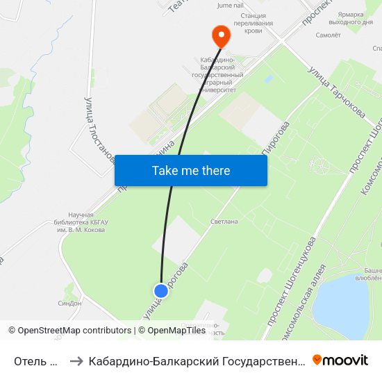Отель Синдика to Кабардино-Балкарский Государственный Аграрный Университет map