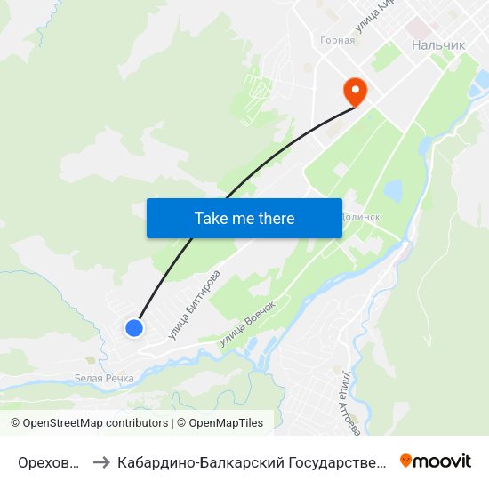 Ореховая Улица to Кабардино-Балкарский Государственный Аграрный Университет map