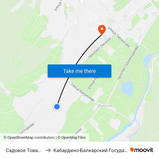 Садовое Товарищество Ландыш to Кабардино-Балкарский Государственный Аграрный Университет map