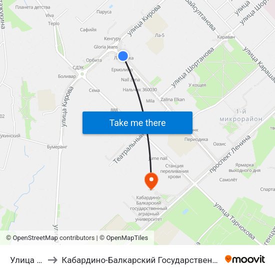 Улица Кирова to Кабардино-Балкарский Государственный Аграрный Университет map