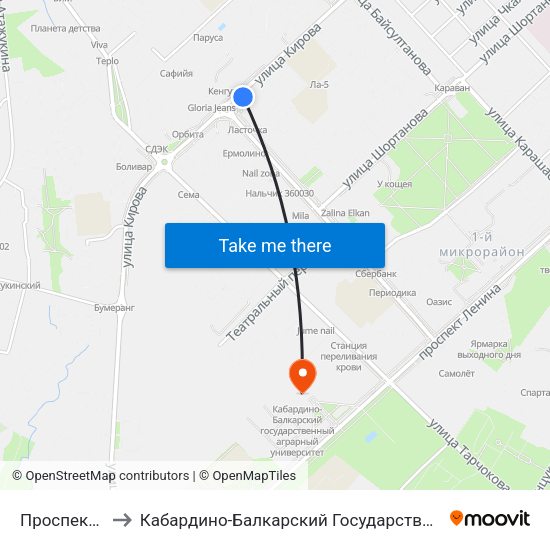 Проспект Кулиева to Кабардино-Балкарский Государственный Аграрный Университет map
