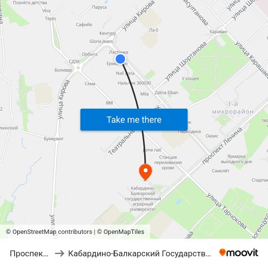 Проспект Кулиева to Кабардино-Балкарский Государственный Аграрный Университет map
