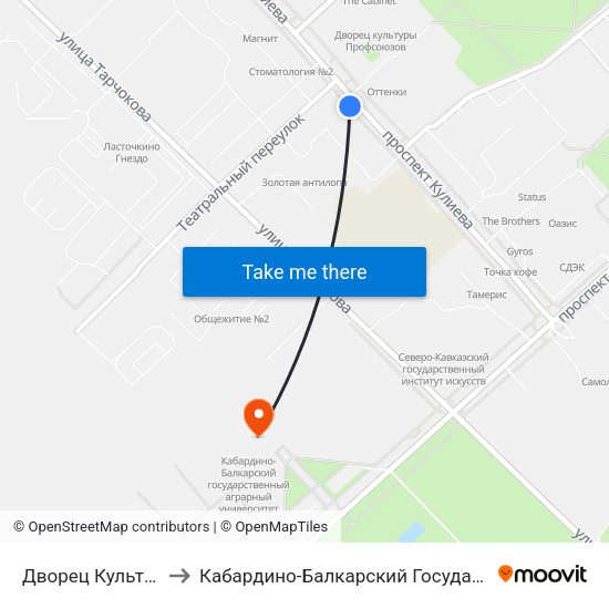 Дворец Культуры Профсоюзов to Кабардино-Балкарский Государственный Аграрный Университет map