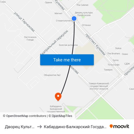 Дворец Культуры Профсоюзов to Кабардино-Балкарский Государственный Аграрный Университет map