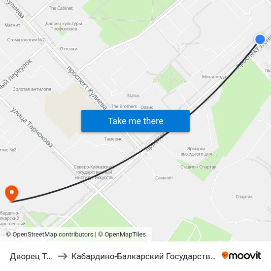 Дворец Творчества to Кабардино-Балкарский Государственный Аграрный Университет map
