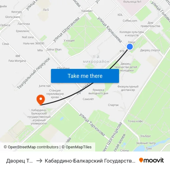 Дворец Творчества to Кабардино-Балкарский Государственный Аграрный Университет map
