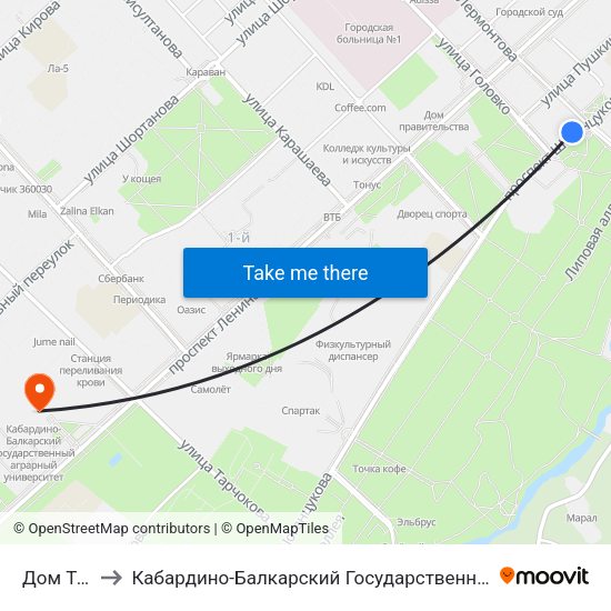 Дом Туриста to Кабардино-Балкарский Государственный Аграрный Университет map