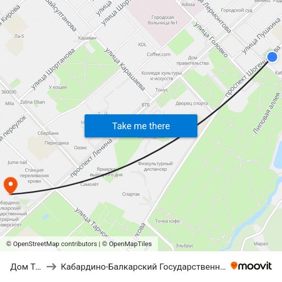 Дом Туриста to Кабардино-Балкарский Государственный Аграрный Университет map