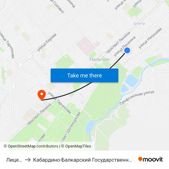 Лицей №2 to Кабардино-Балкарский Государственный Аграрный Университет map