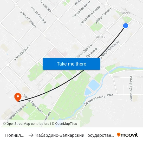 Поликлиника №3 to Кабардино-Балкарский Государственный Аграрный Университет map