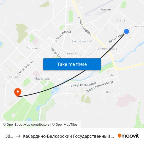 38 Км to Кабардино-Балкарский Государственный Аграрный Университет map