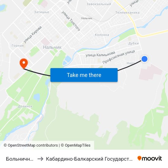 Больничный Городок to Кабардино-Балкарский Государственный Аграрный Университет map