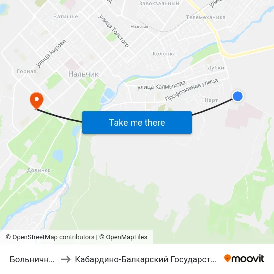 Больничный Городок to Кабардино-Балкарский Государственный Аграрный Университет map