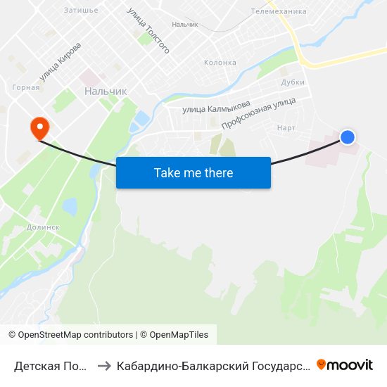 Детская Поликлиника №2 to Кабардино-Балкарский Государственный Аграрный Университет map
